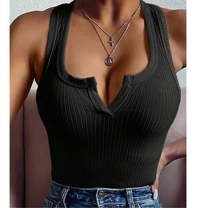 Solid Black Fitted Ribbed Tank Top XS S M L XL